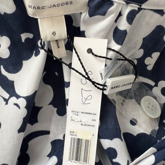 NWT Marc Jacobs Navy & White Floral Button Front Ruffled Collar Shirt Size 6 - Picture 8 of 10